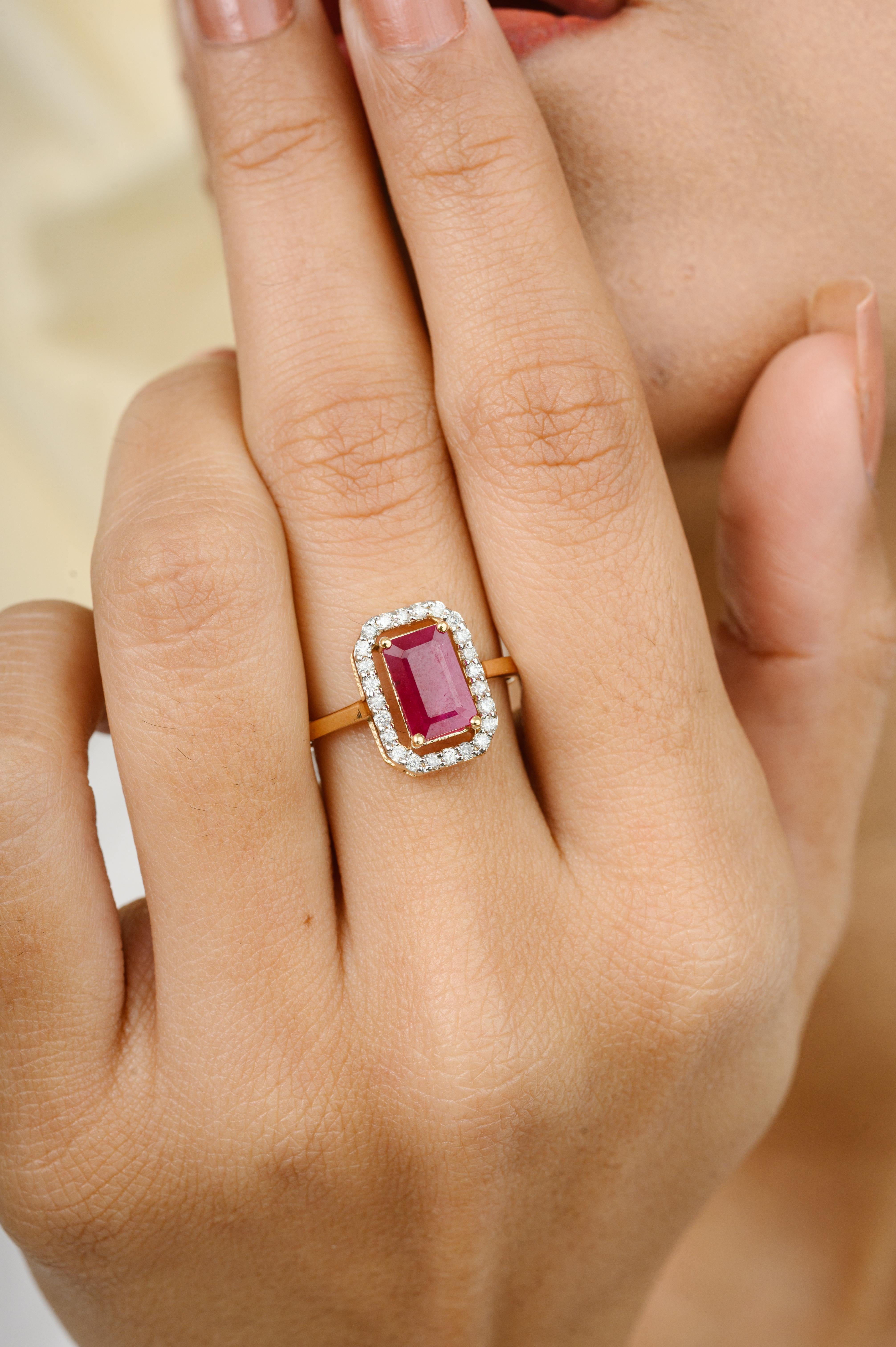 For Sale:  Elongated Octagon Ruby Halo Diamond Women Ring in 18k Solid Yellow Gold 2