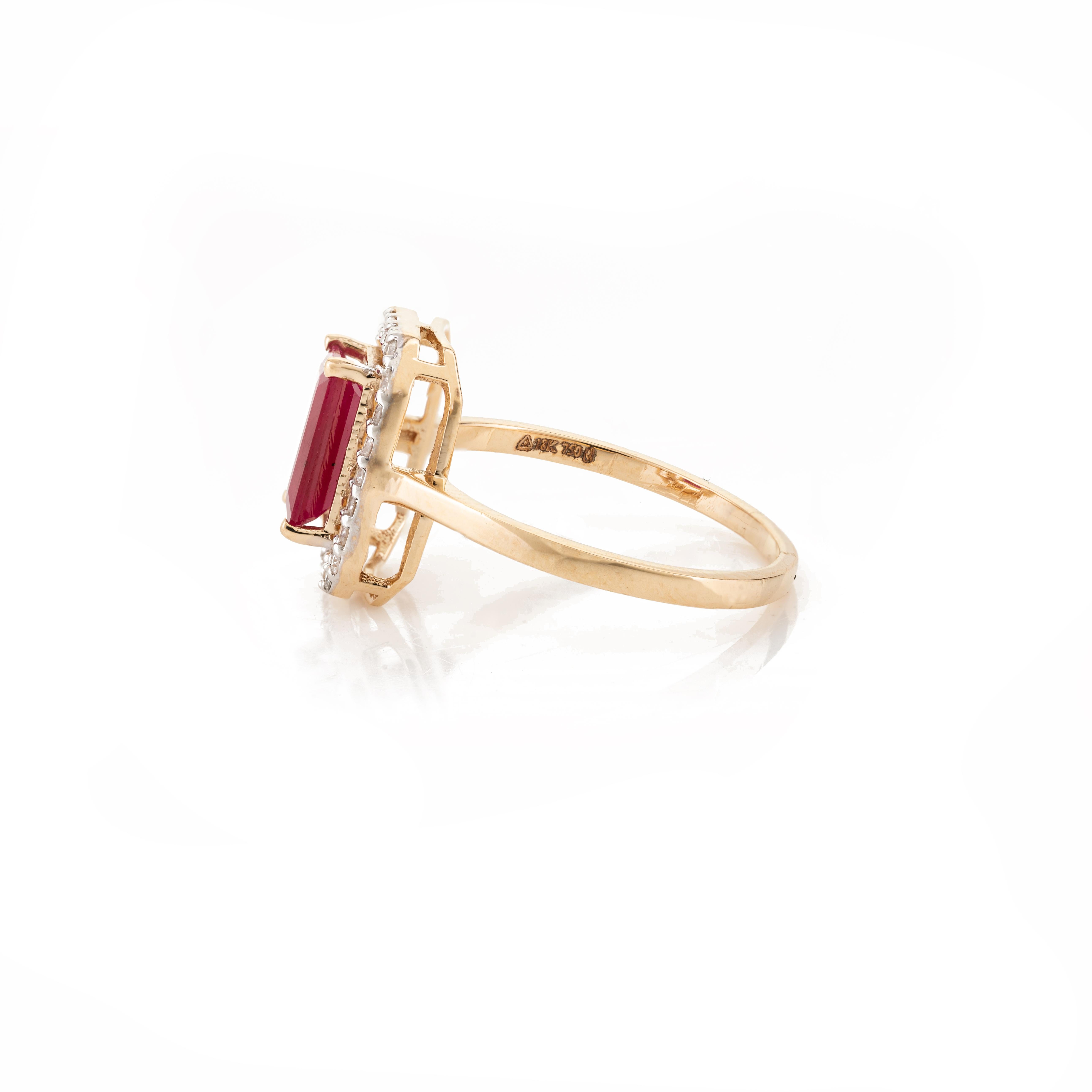 For Sale:  Elongated Octagon Ruby Halo Diamond Women Ring in 18k Solid Yellow Gold 4