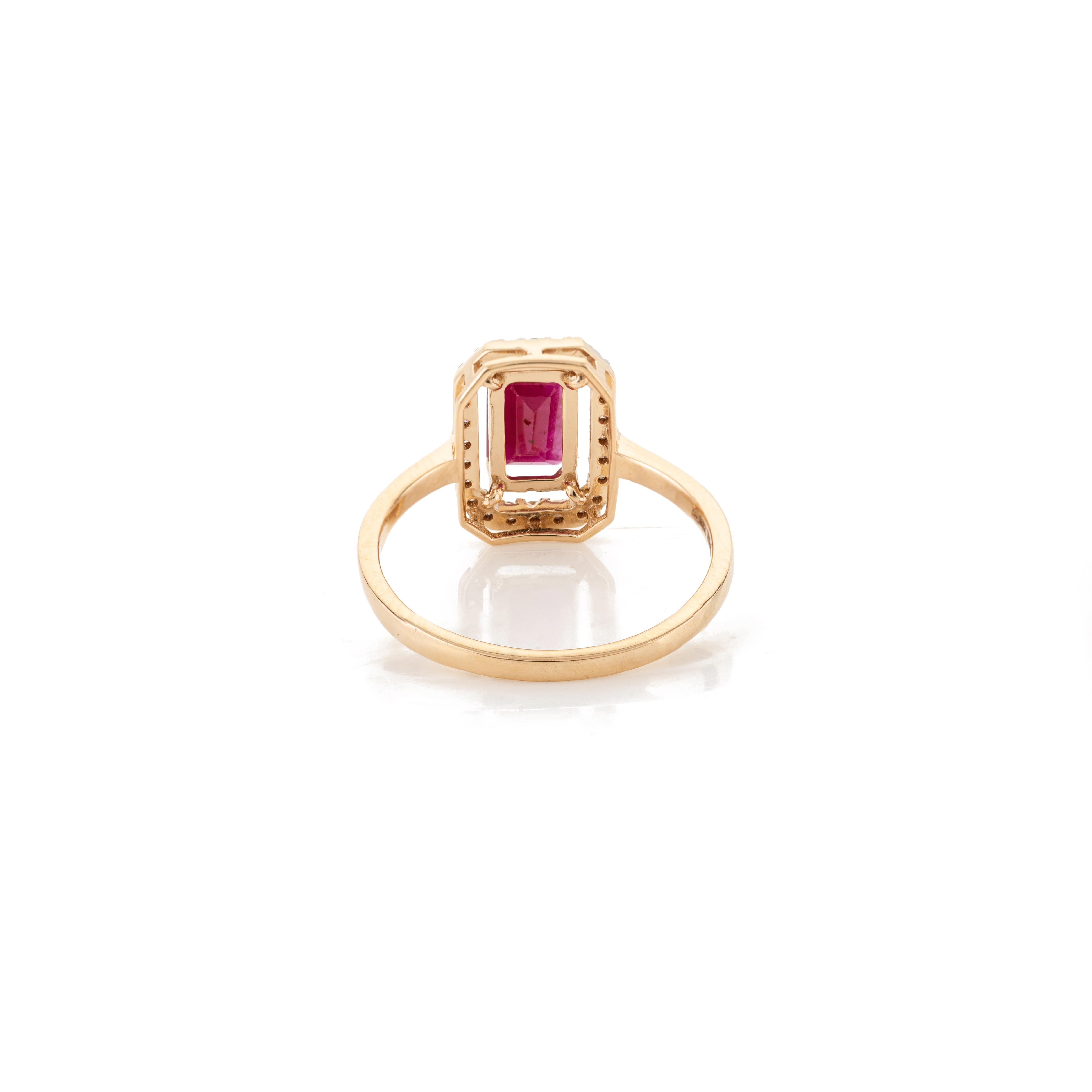 For Sale:  Elongated Octagon Ruby Halo Diamond Women Ring in 18k Solid Yellow Gold 5