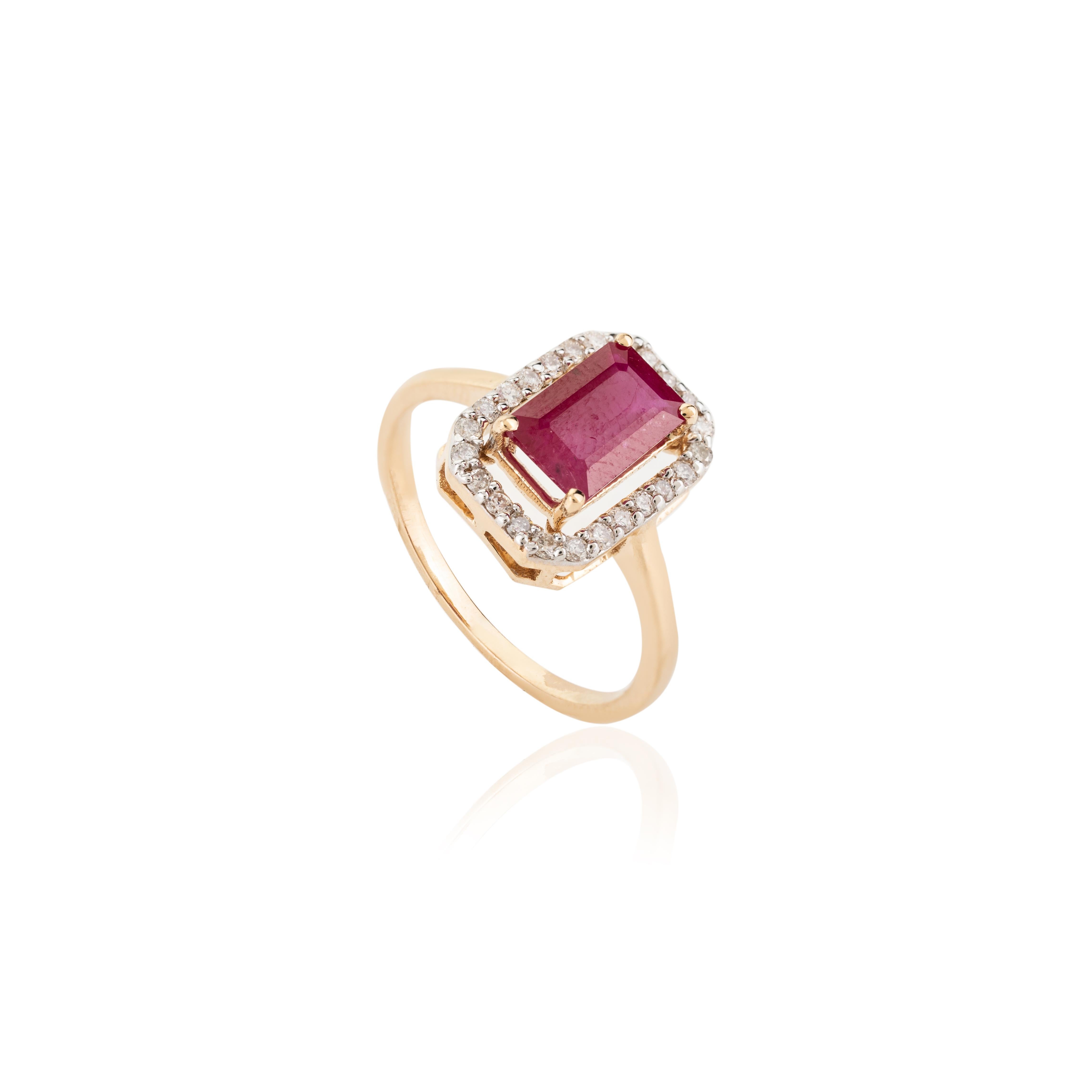 For Sale:  Elongated Octagon Ruby Halo Diamond Women Ring in 18k Solid Yellow Gold 6