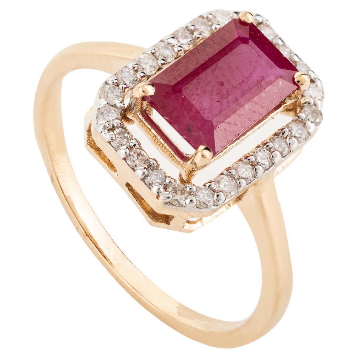 For Sale:  Elongated Octagon Ruby Halo Diamond Women Ring in 18k Solid Yellow Gold