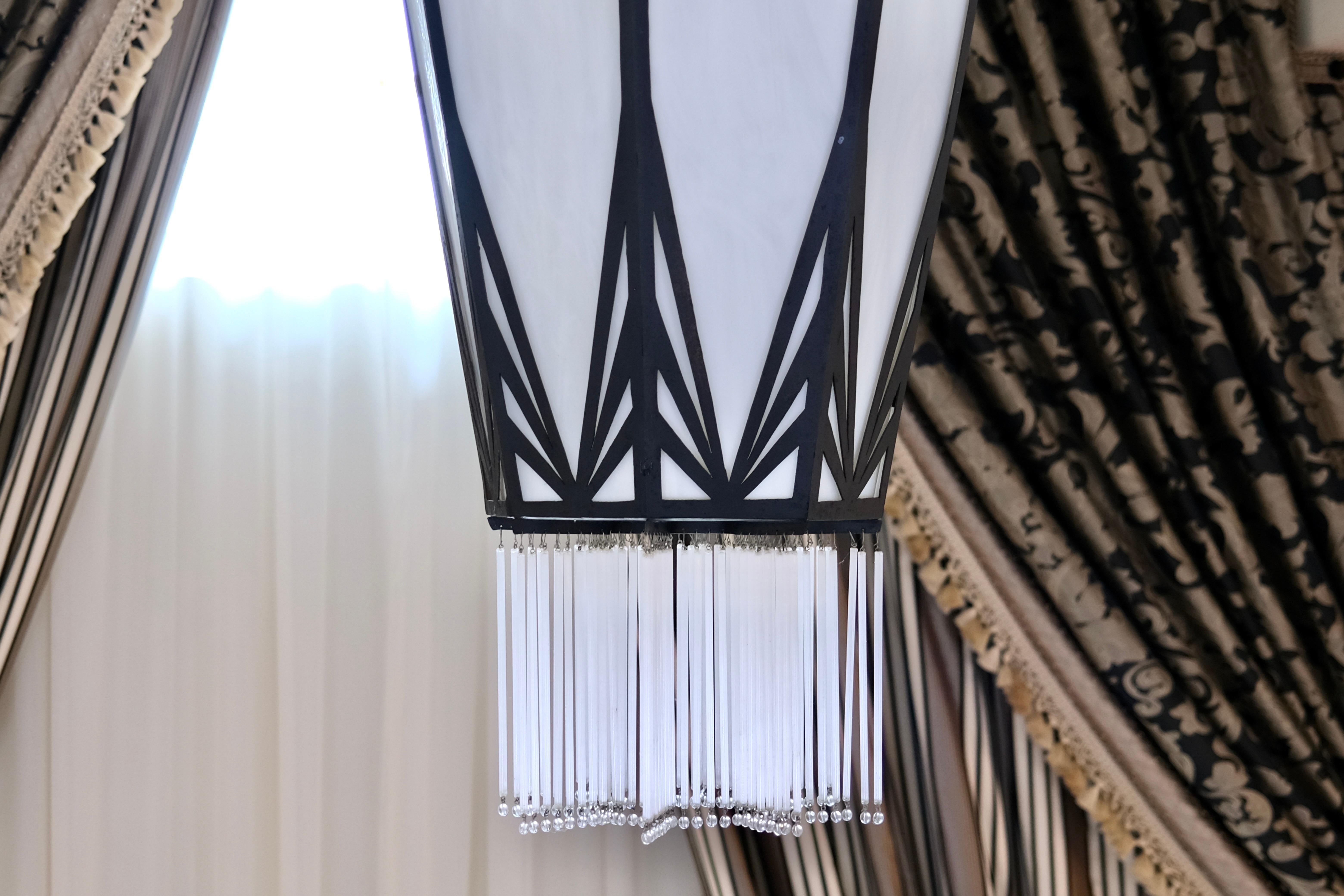 Long Octagonal Art Deco Style Chandelier with Glass and Black Metal Mount For Sale 4