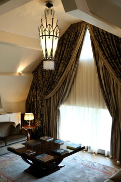 Long Octagonal Art Deco Style Chandelier with Glass and Black Metal Mount