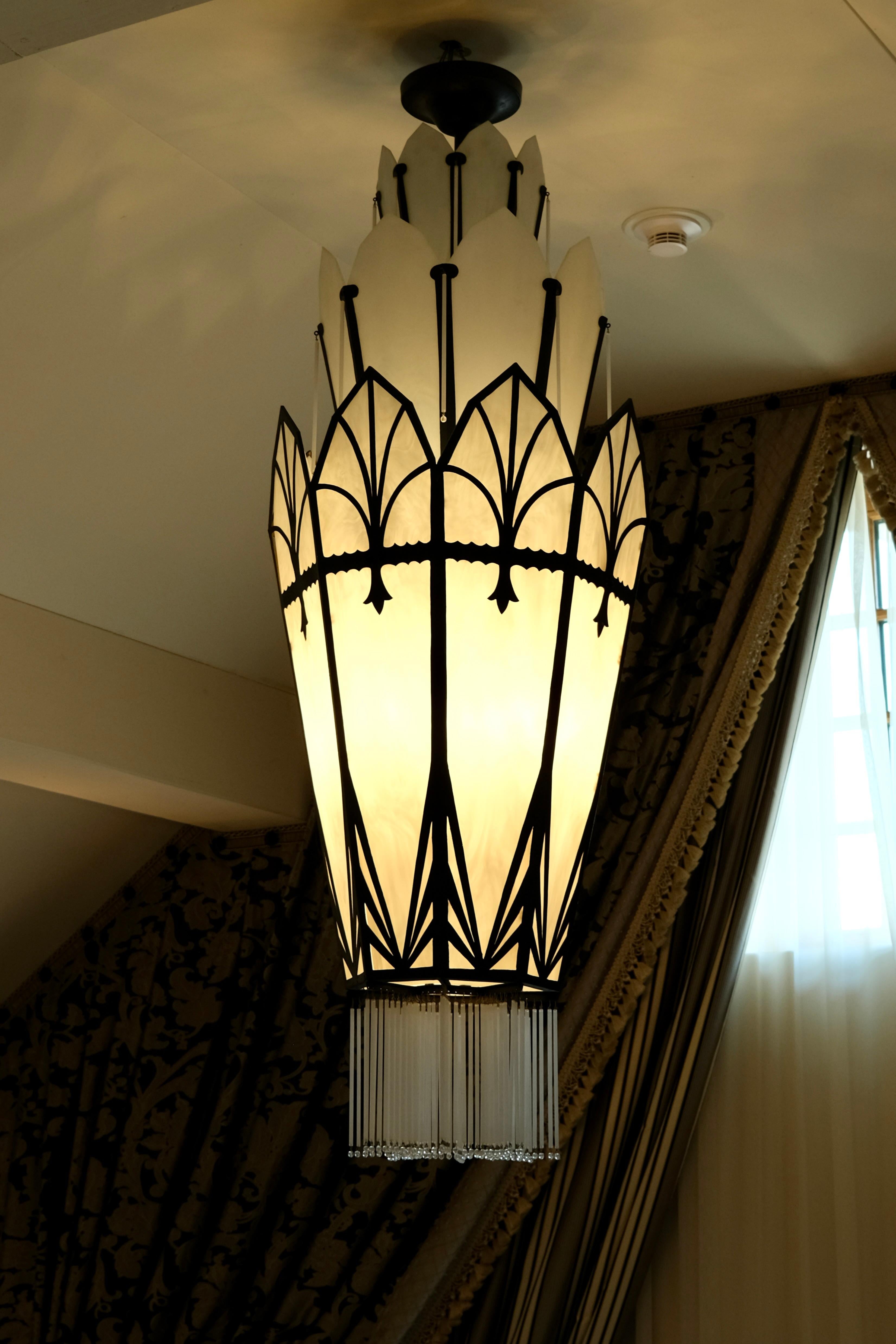 Long Octagonal Art Deco Style Chandelier with Glass and Black Metal Mount In Good Condition For Sale In Ulm, DE