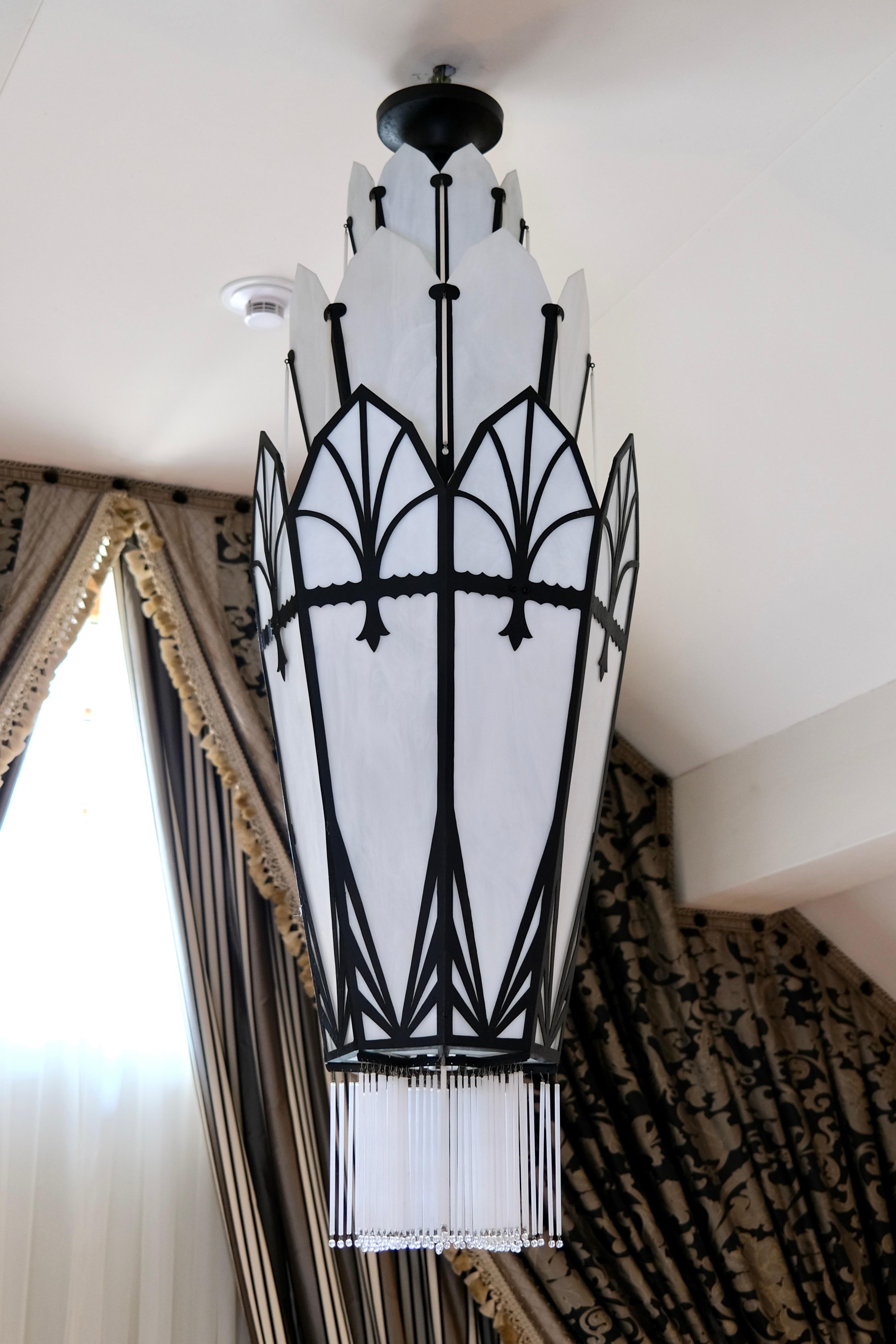 Long Octagonal Art Deco Style Chandelier with Glass and Black Metal Mount For Sale 1
