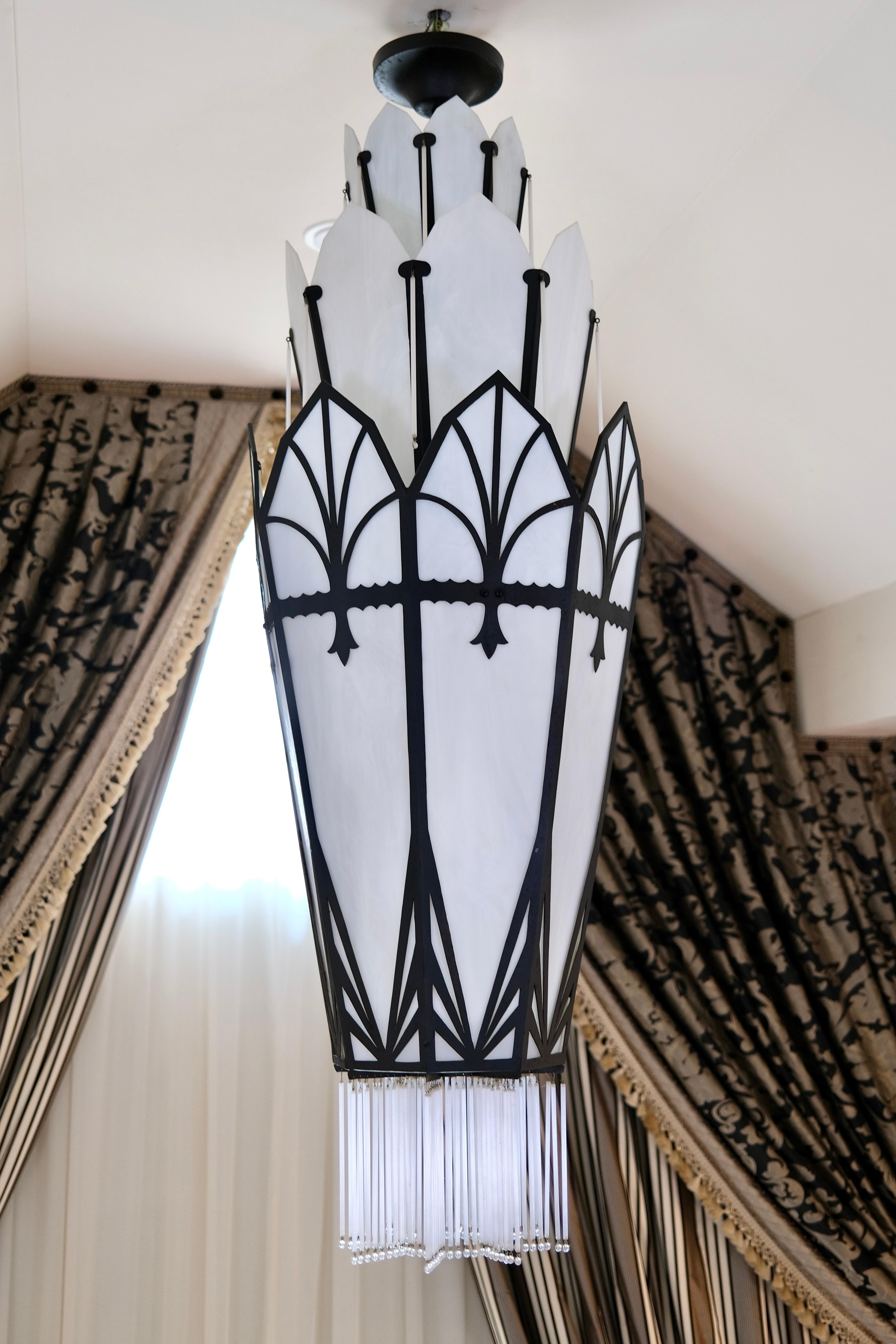 Long Octagonal Art Deco Style Chandelier with Glass and Black Metal Mount For Sale 2