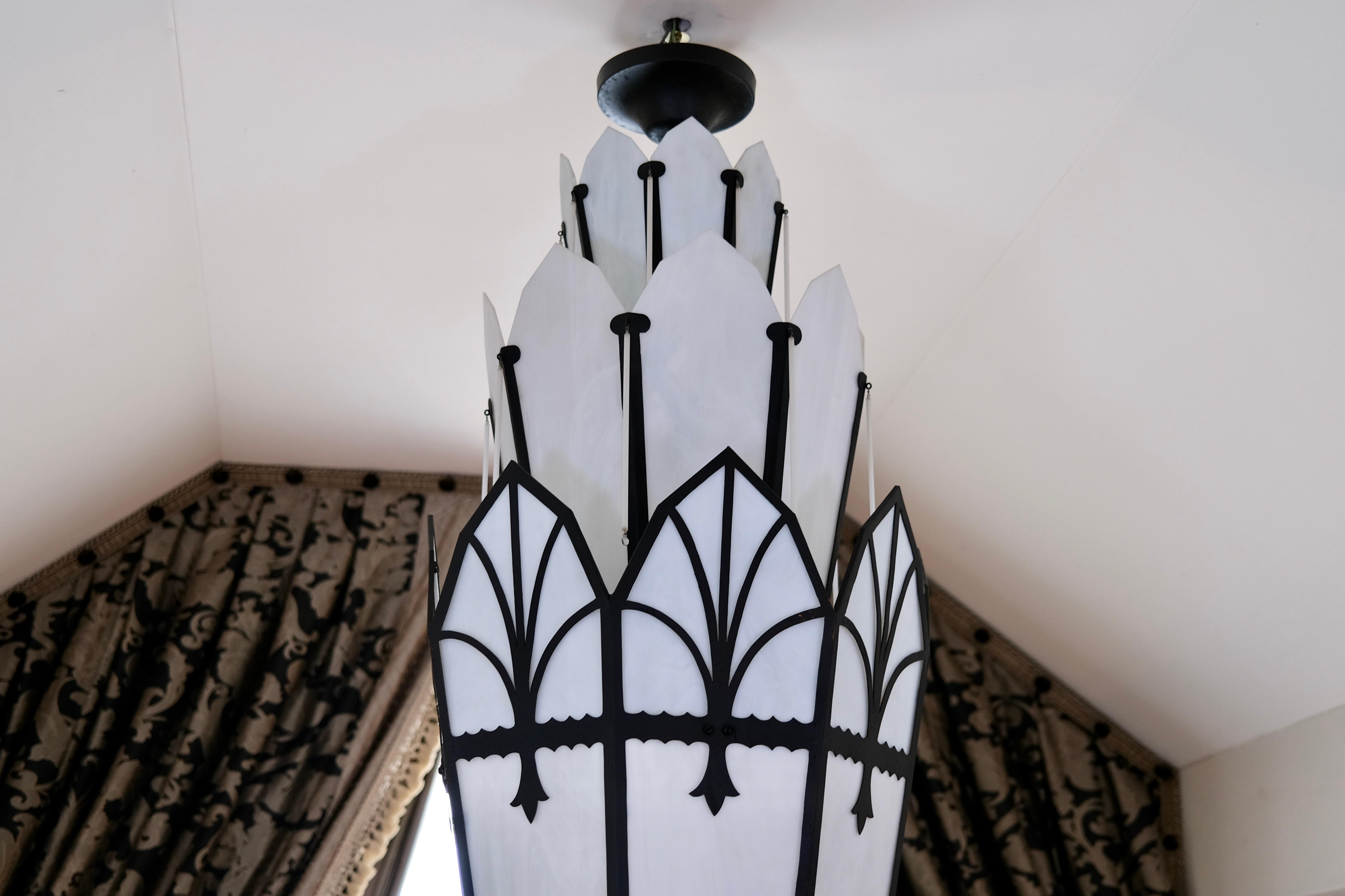 Long Octagonal Art Deco Style Chandelier with Glass and Black Metal Mount For Sale 3