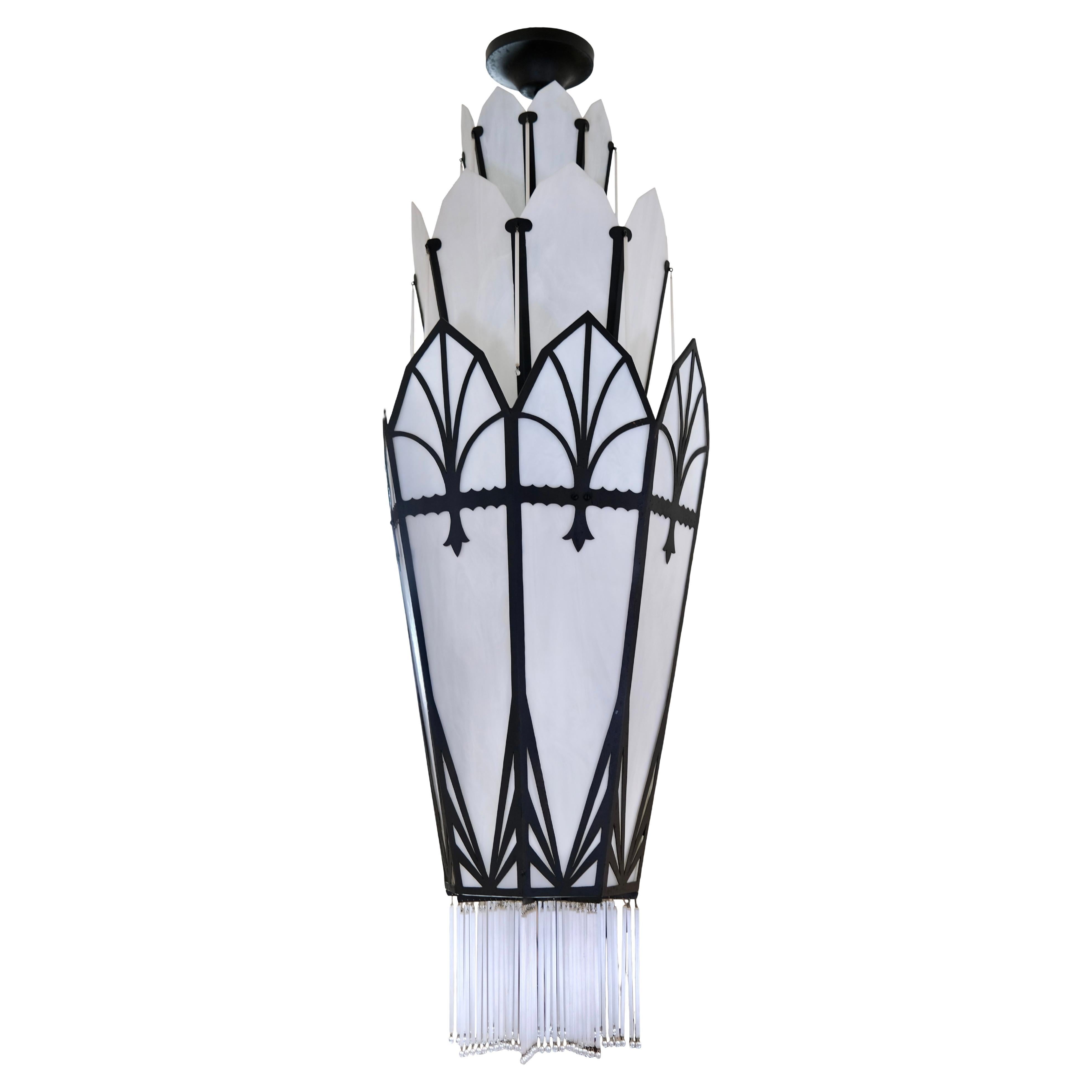 Long Octagonal Art Deco Style Chandelier with Glass and Black Metal Mount