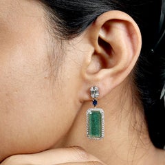 Long Octogen Emerald Pair Earring with Illusion Set Diamond Octogen and Sapphire
