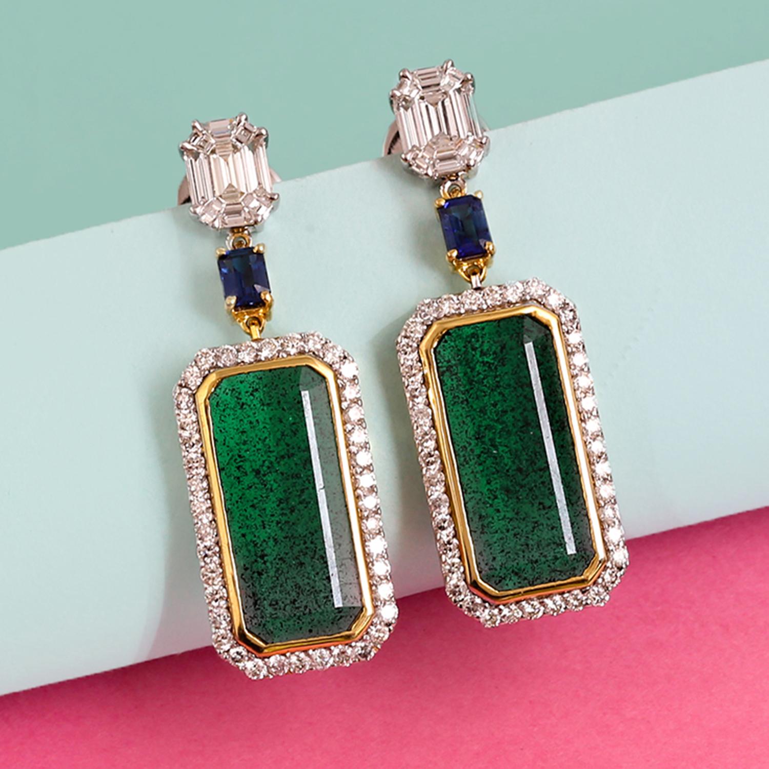 Contemporary Long Octogen Emerald Pair Earring with Illusion Set Diamond Octogen and Sapphire For Sale