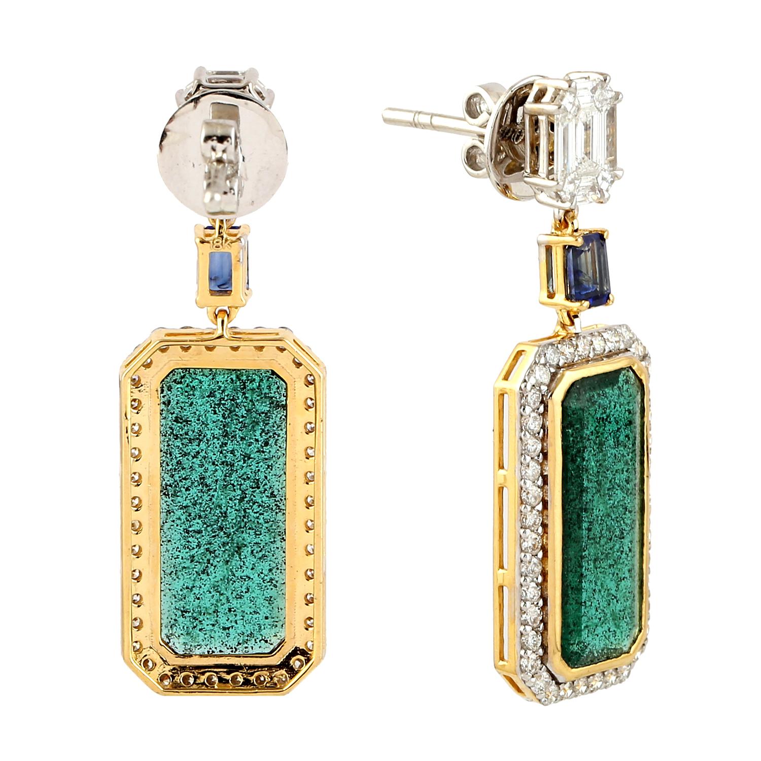 Mixed Cut Long Octogen Emerald Pair Earring with Illusion Set Diamond Octogen and Sapphire For Sale
