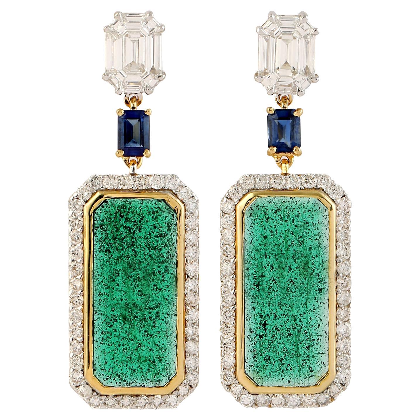 Long Octogen Emerald Pair Earring with Illusion Set Diamond Octogen and Sapphire For Sale