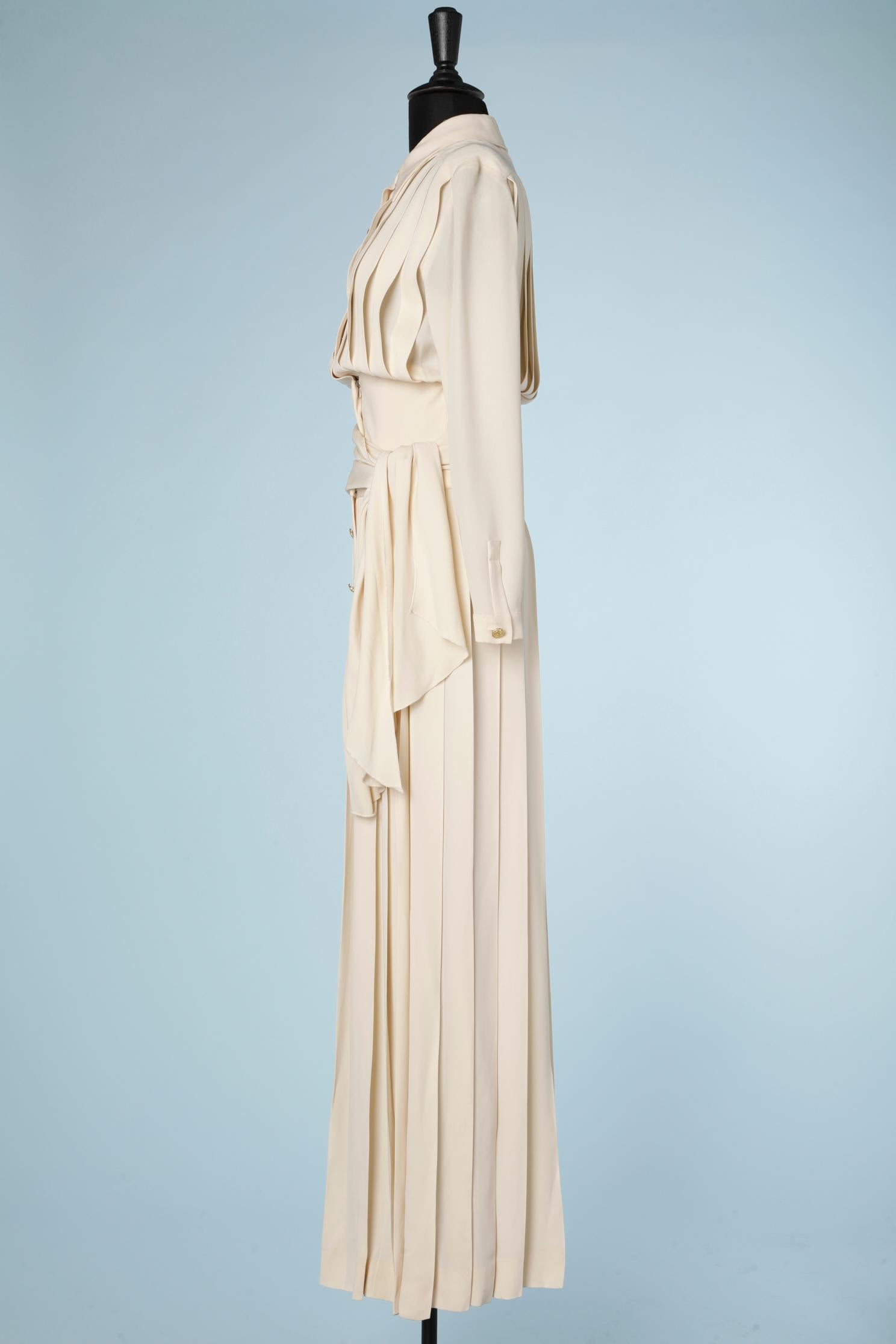 Beige Long off-white silk crêpe pleated dress Chanel Boutique 