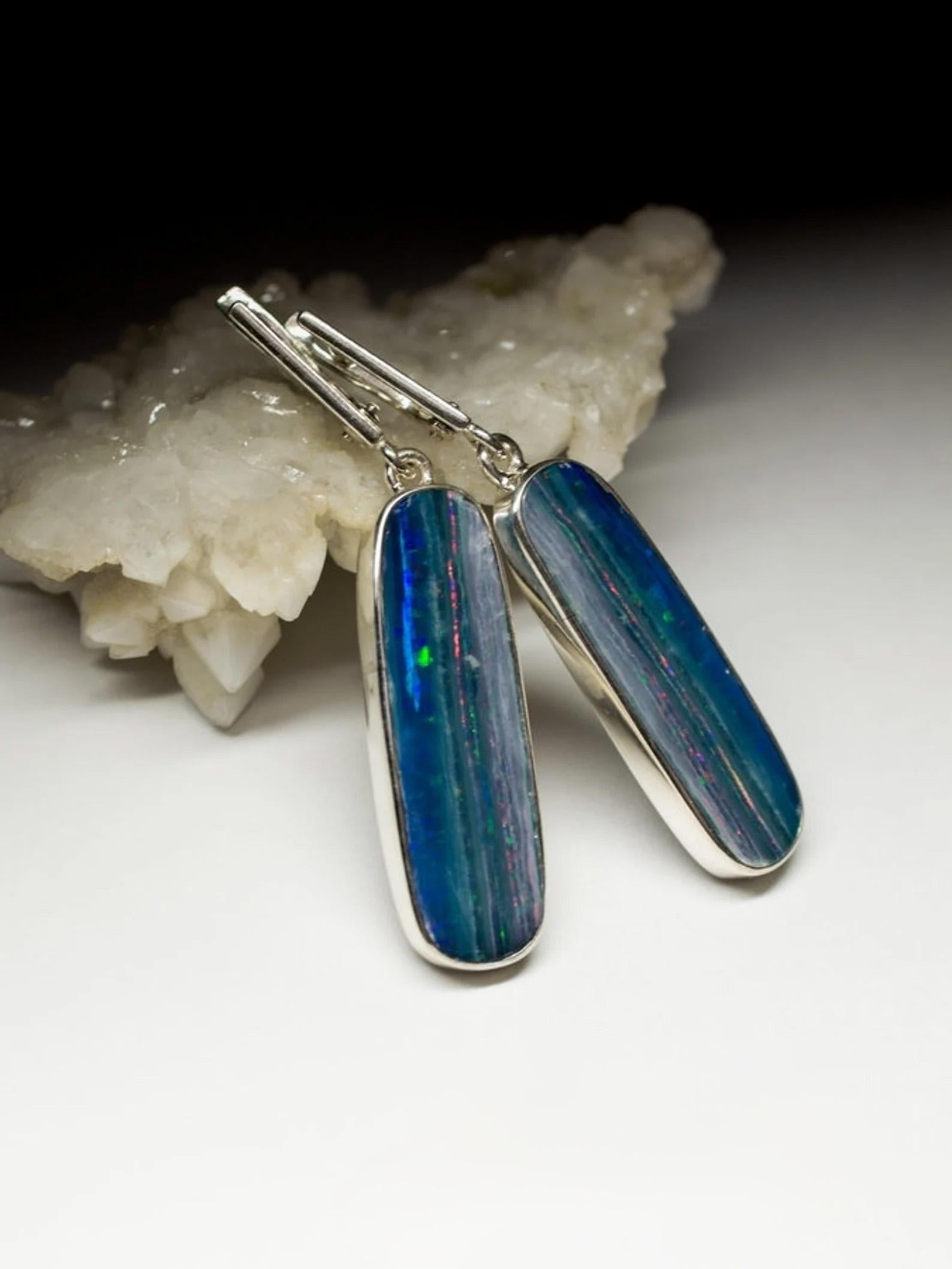 Lange Opal Ohrringe Silber Streifen Opal Himmel Blau Vintage Edelstein Geschenk Frau Kunst im Zustand „Gut“ im Angebot in Berlin, DE