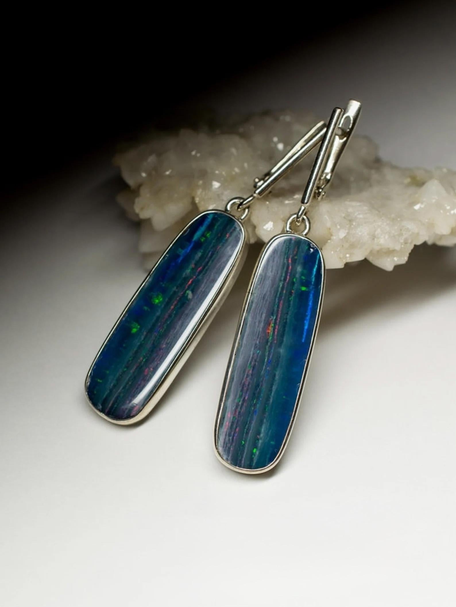 Lange Opal Ohrringe Silber Streifen Opal Himmel Blau Vintage Edelstein Geschenk Frau Kunst im Angebot 2
