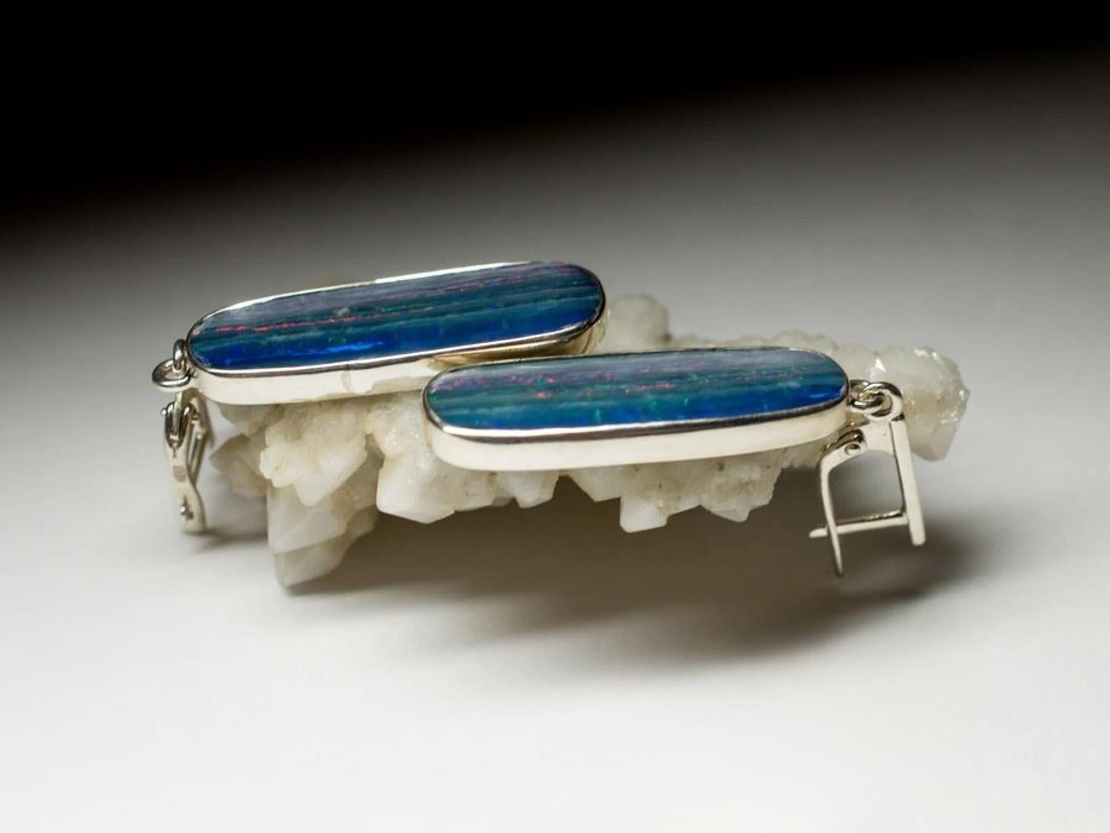 Lange Opal Ohrringe Silber Streifen Opal Himmel Blau Vintage Edelstein Geschenk Frau Kunst im Angebot 3