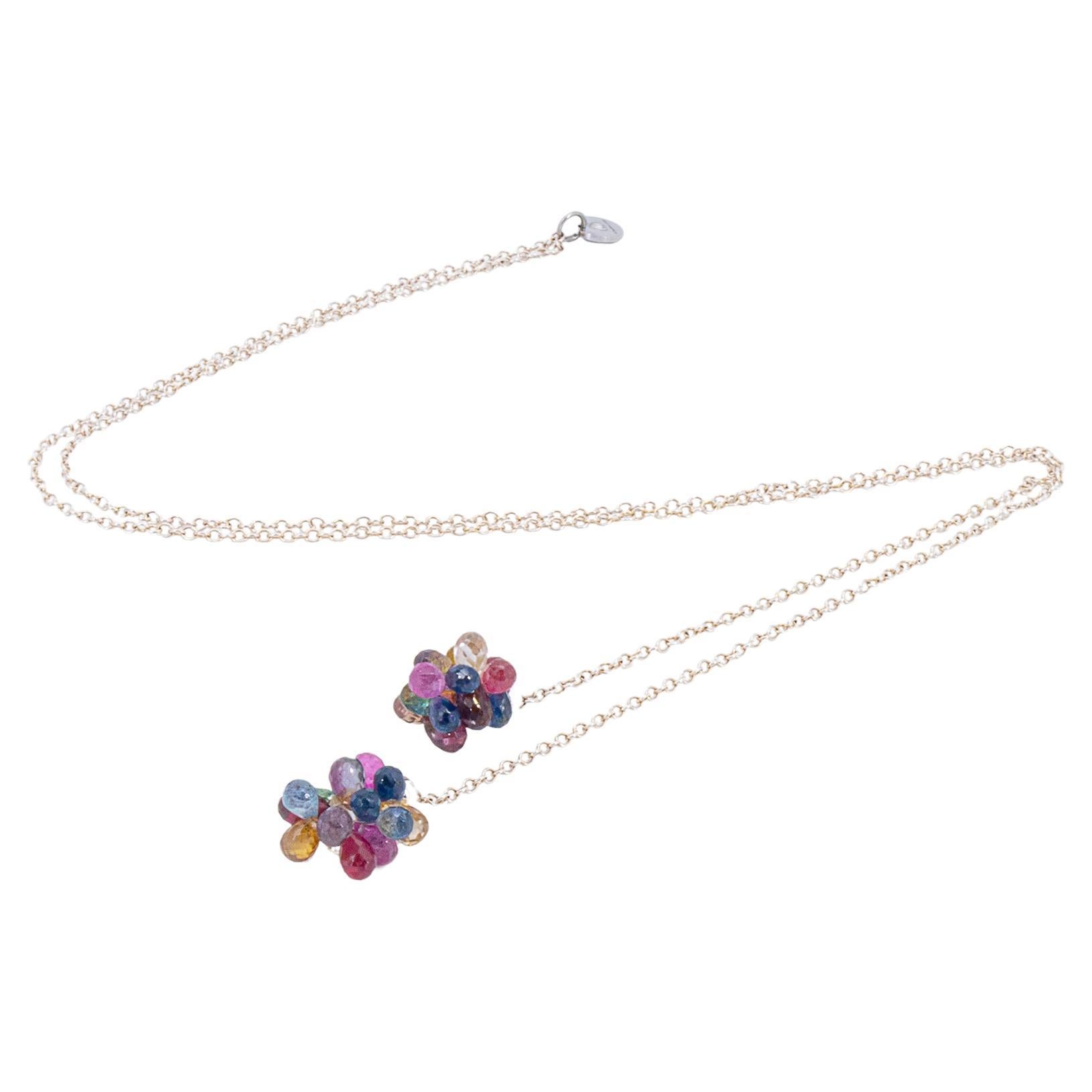 Long open end silver necklace with multi color sapphire drop briolettes For Sale