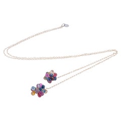 Long open end silver necklace with multi color sapphire drop briolettes