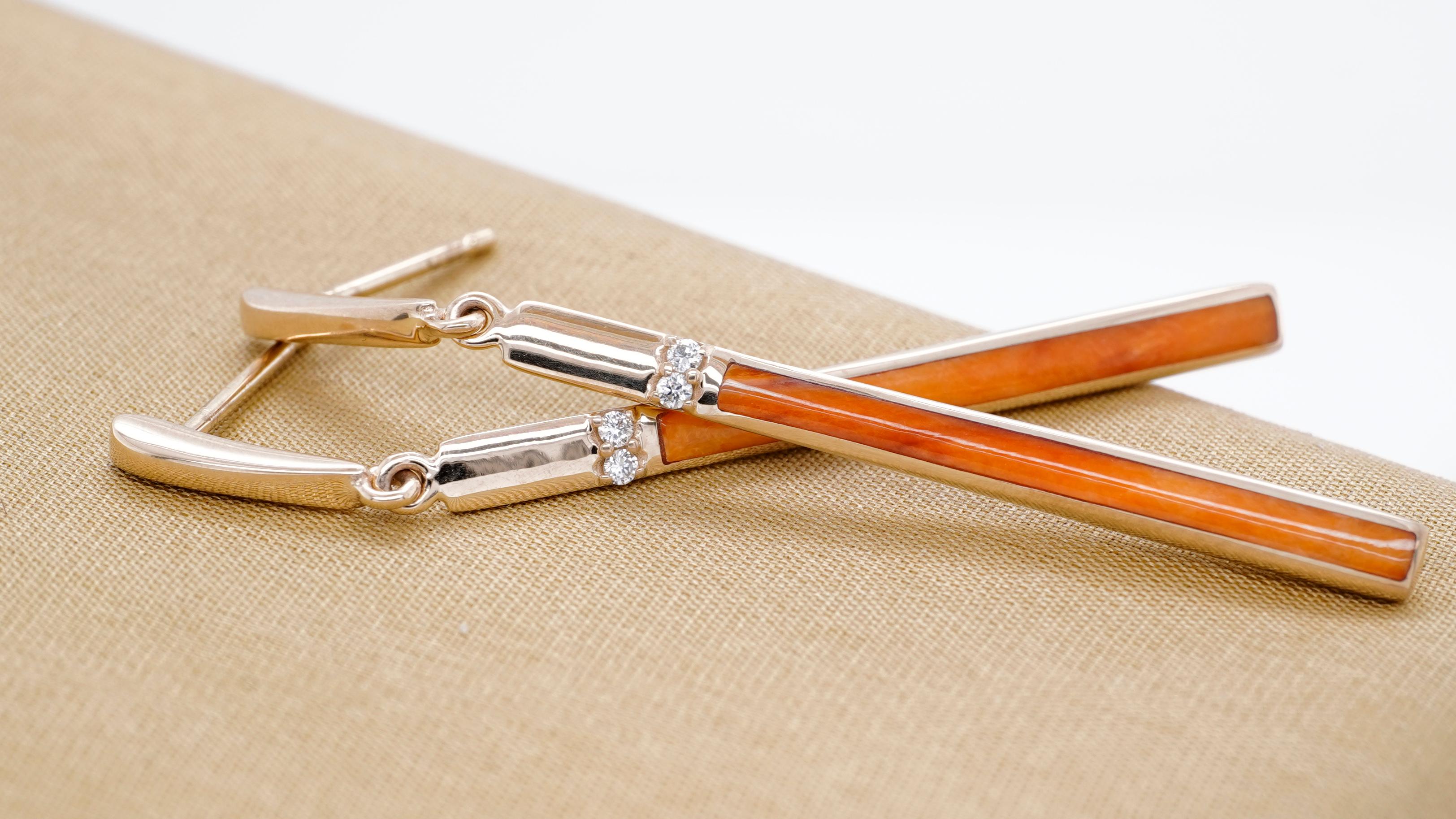 Round Cut Long Orange Spiny Oyster Post Earrings w/ Diamonds 14kt Yellow Gold by Kabana For Sale