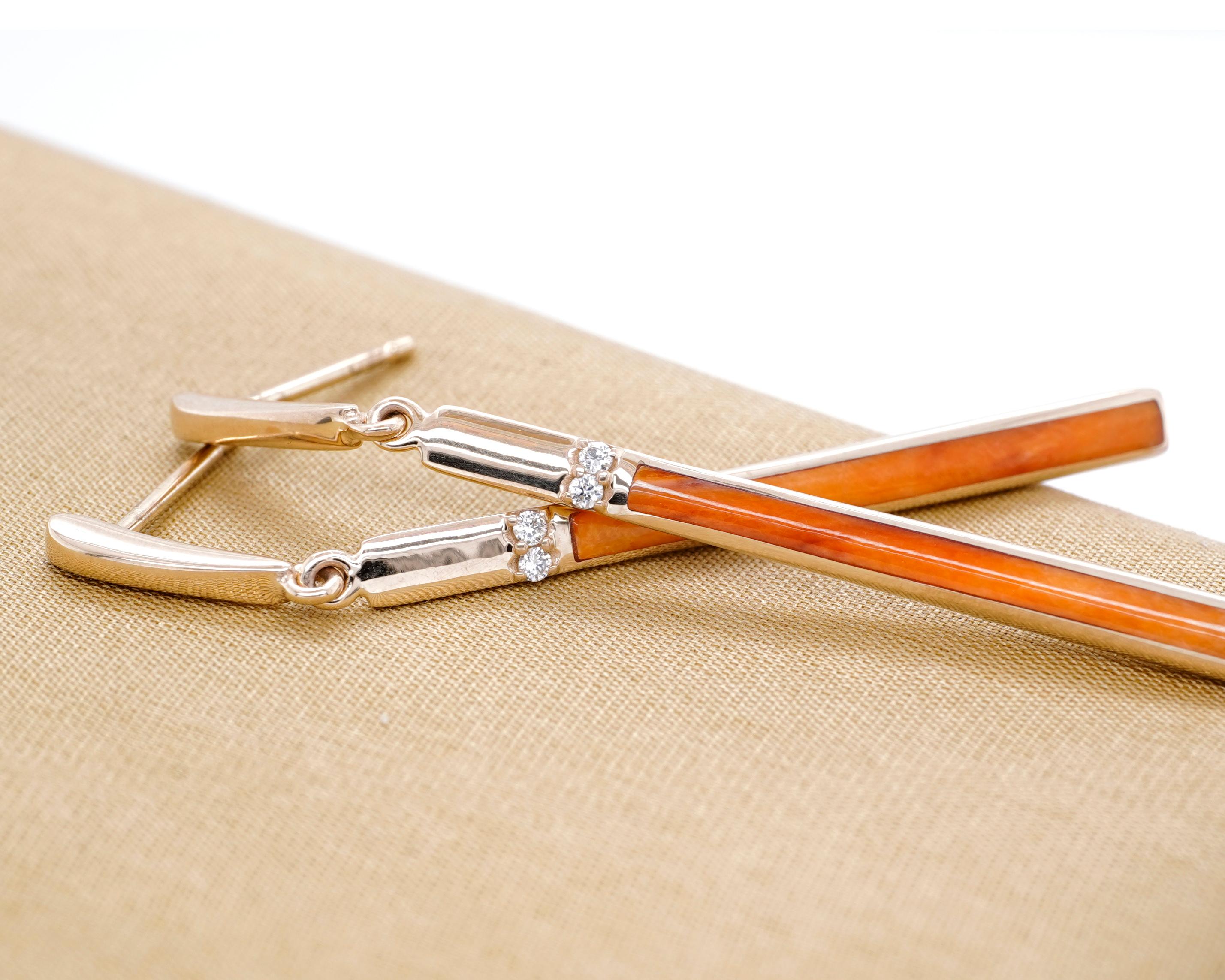 Long Orange Spiny Oyster Post Earrings w/ Diamonds 14kt Yellow Gold by Kabana In New Condition For Sale In Bozeman, MT