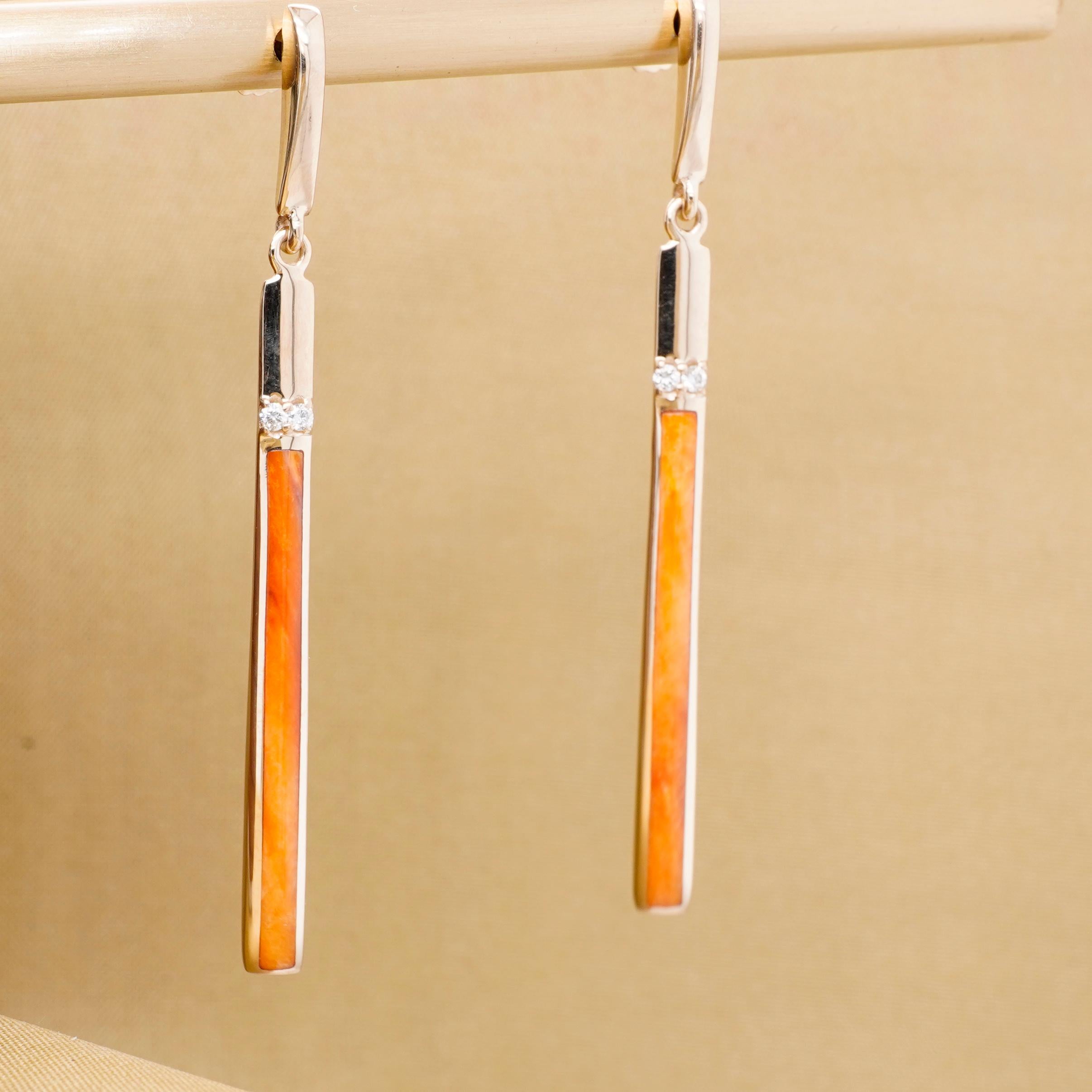 Women's or Men's Long Orange Spiny Oyster Post Earrings w/ Diamonds 14kt Yellow Gold by Kabana For Sale