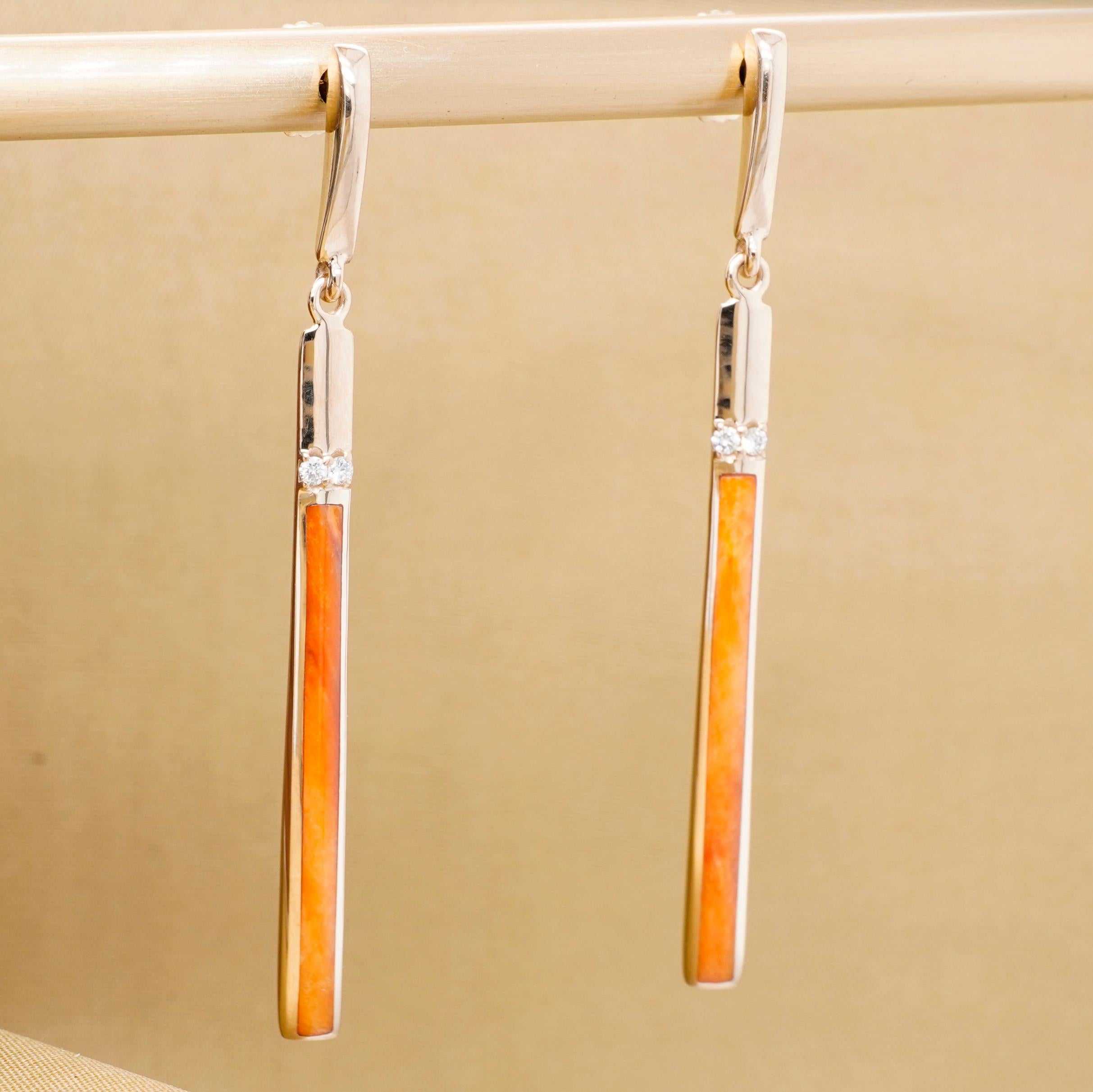 Long Orange Spiny Oyster Post Earrings w/ Diamonds 14kt Yellow Gold by Kabana For Sale 1