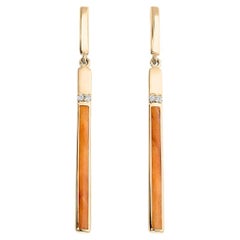 Long, Orange, Spiny Oyster Post Earrings with Diamonds, 14kt Yellow Gold