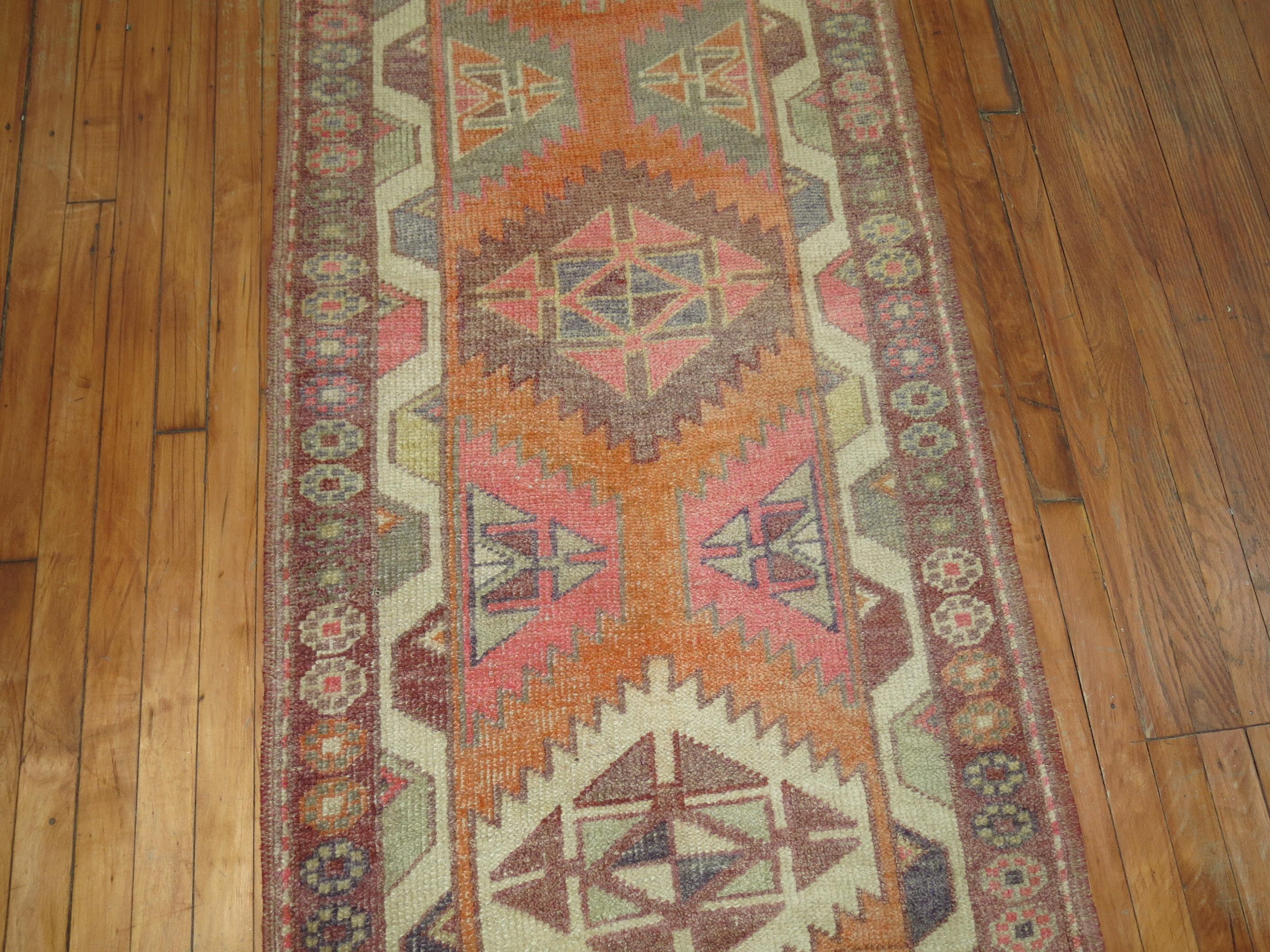 Long Orange Turkish Anatolian Geometric Runner In Good Condition For Sale In New York, NY