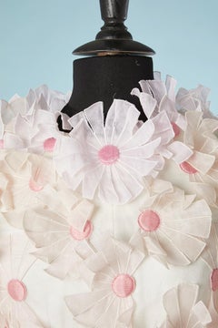 Long organdi evening dress with pale pink flowers appliqué Irene Circa 1960's