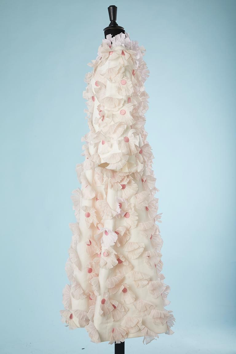 Long organdi evening dress with pale pink flowers appliqué Irene Circa 1960's  1