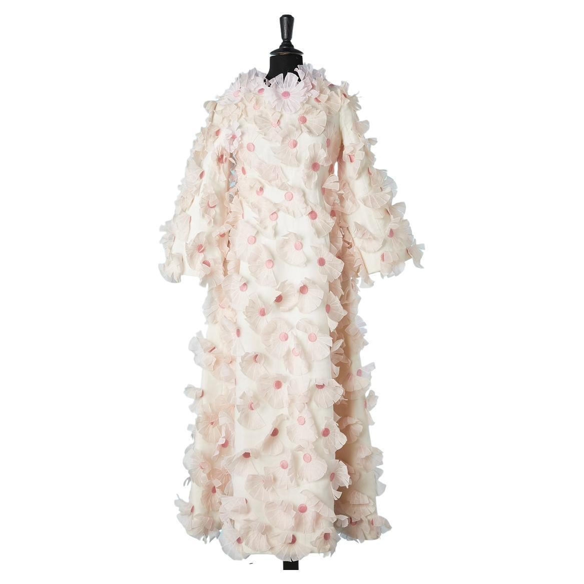 Long organdi evening dress with pale pink flowers appliqué Irene Circa 1960's 