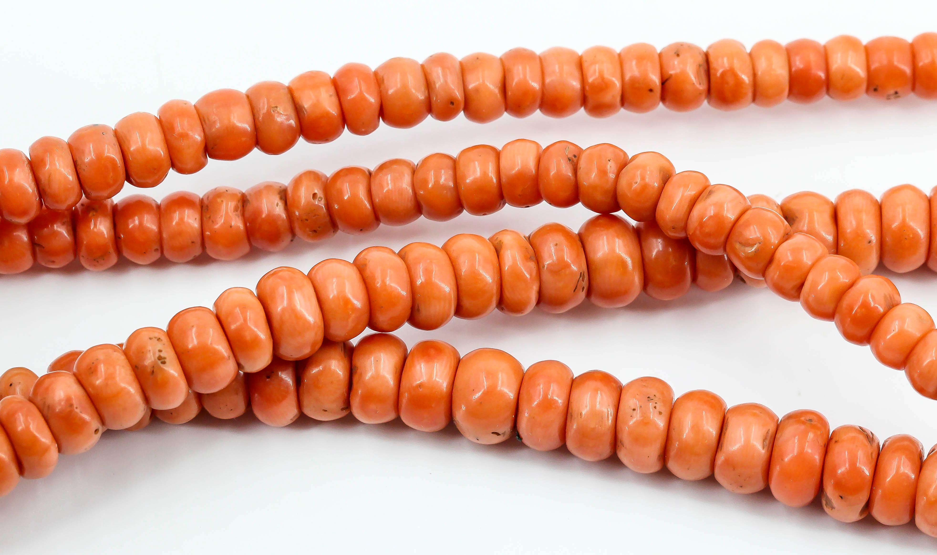 Women's or Men's Long Oriental Coral Bead Necklace For Sale