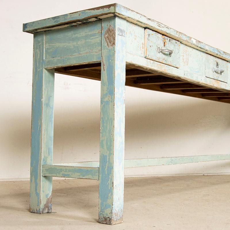 Long Original Antique Blue Painted Narrow Worktable Console Table 2