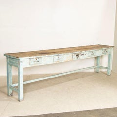 Long Original Antique Blue Painted Narrow Worktable Console Table