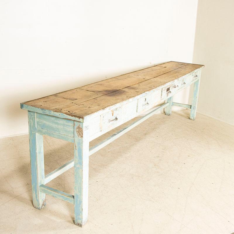 Hungarian Long Original Antique Blue Painted Narrow Worktable Console Table