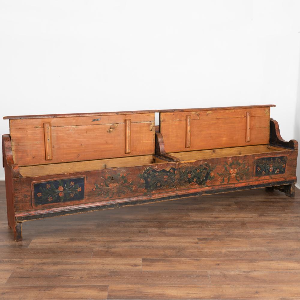 Folk Art Long Original Painted Bench With Storage, Hungary circa 1890