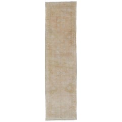 Vintage Long Oushak Runner with Subdued Design and Neutral Color Palette