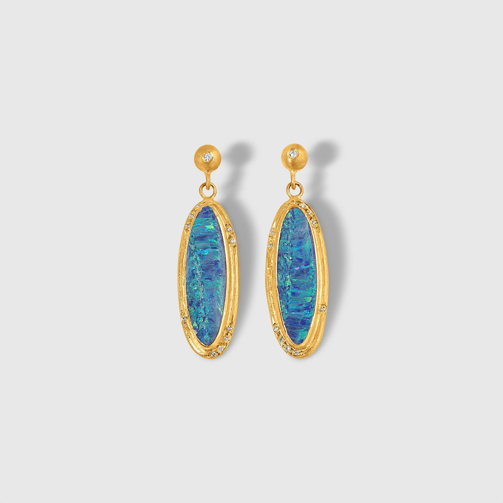 Byzantine Long Oval Doublet 9.26ct Opal Post Earrings with Diamonds 24kt Solid Yellow Gold