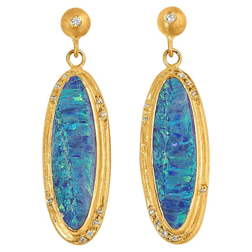 Long Oval Doublet 9.26ct Opal Post Earrings with Diamonds 24kt Solid Yellow Gold
