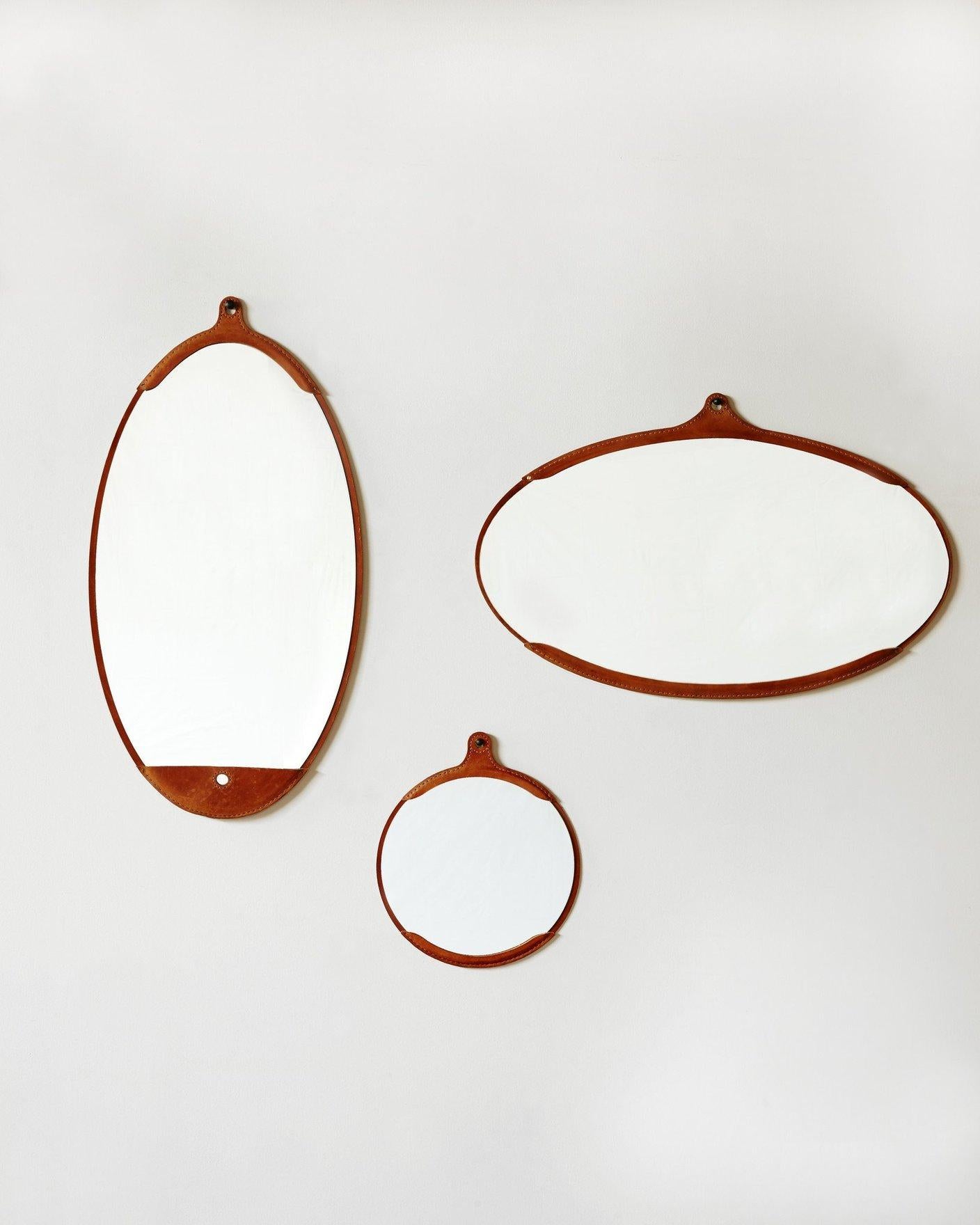American Modern Tan Leather Fairmount Wall Mirror, Long For Sale