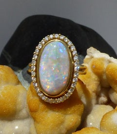 Long Oval Opal '5.79ct' and Diamond Cluster Ring in 18k Gold
