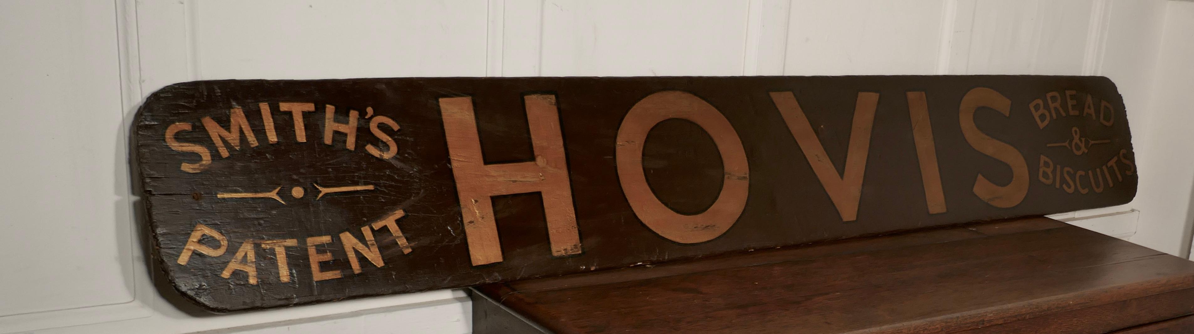 Long painted wooden hovis advertising Baker’s sign

This piece came from a cafe where it was still in situ during the 1990s, the sign has a brown background with gold lettering
The sign is in sound and attractive condition it is 72” long and 11”