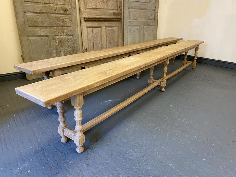 Long Pair French Bleached Oak Farmhouse Dining Benches For Sale at 1stDibs