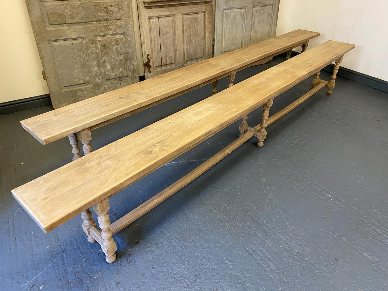 Long Pair French Bleached Oak Farmhouse Dining Benches 7