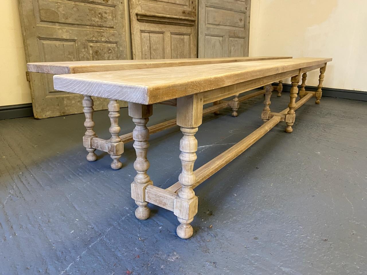 Long Pair French Bleached Oak Farmhouse Dining Benches 3