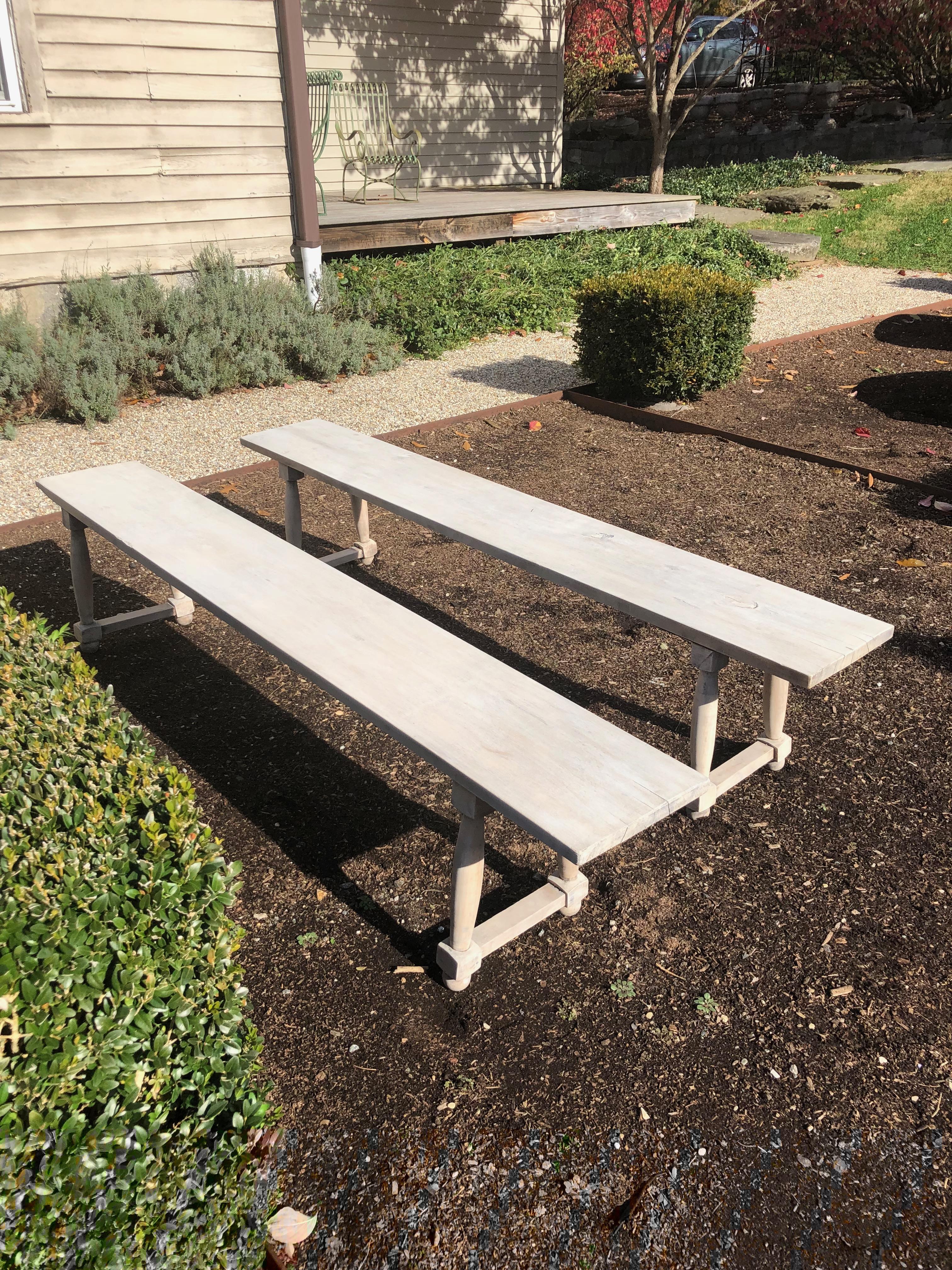 We are always looking for great pairs of long benches and this pair does not disappoint. The plank tops have been handcut of French oak and the legs, which we think are beech, have been sanded and washed in a pale semi-translucent paint that allows
