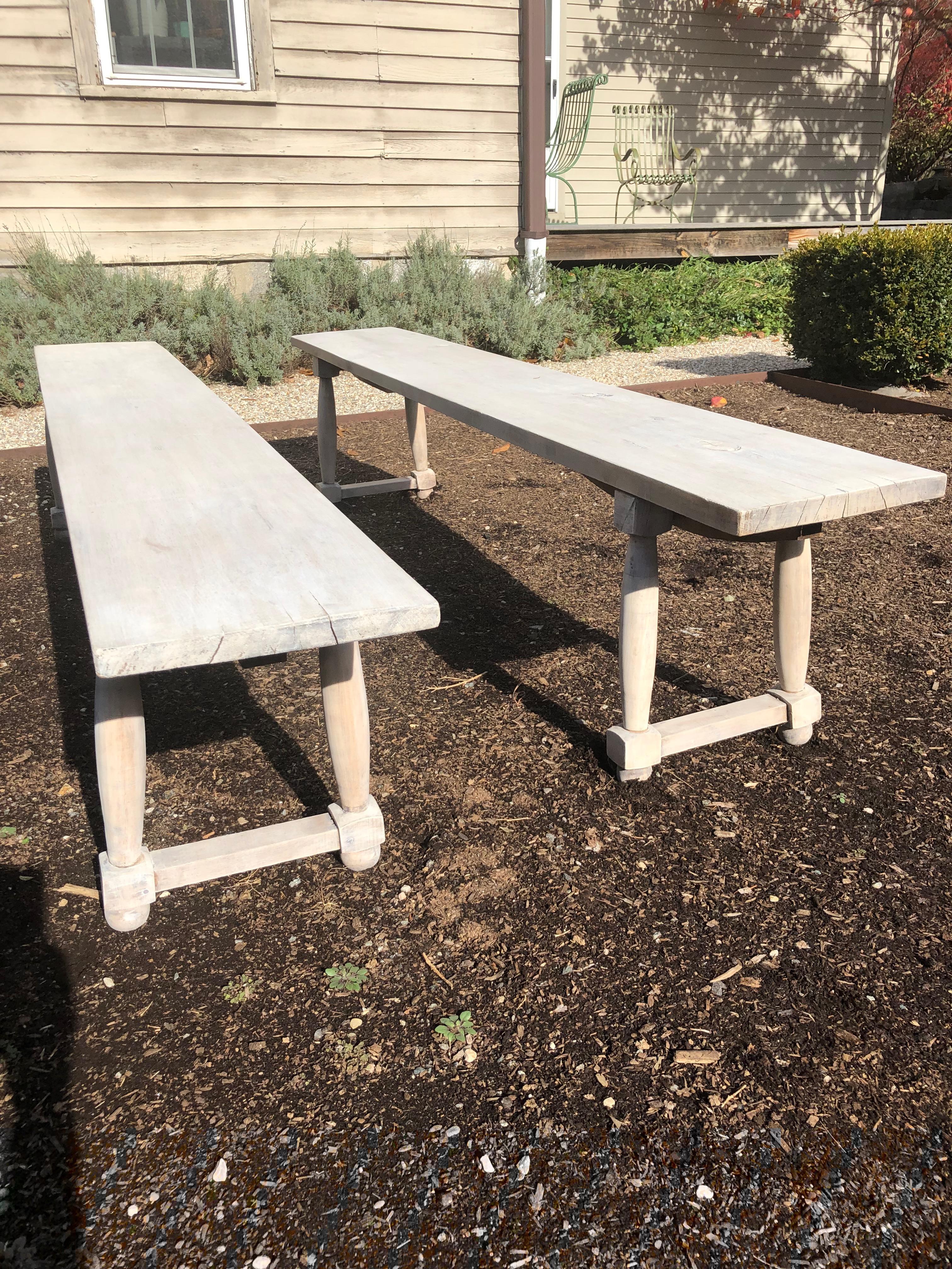 Long Pair of Pale Grey-Washed French Oak Benches In Good Condition For Sale In Woodbury, CT