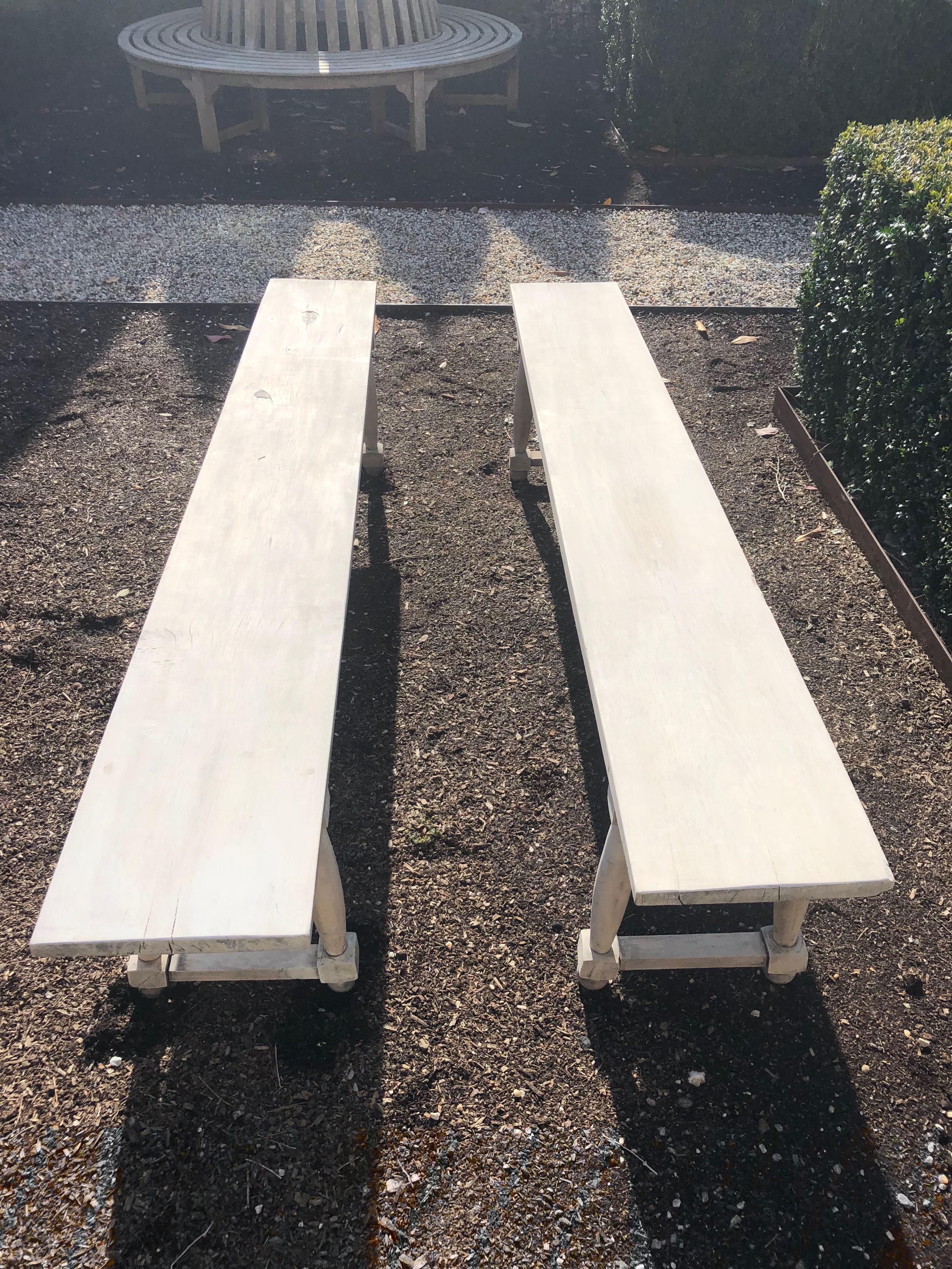 20th Century Long Pair of Pale Grey-Washed French Oak Benches For Sale