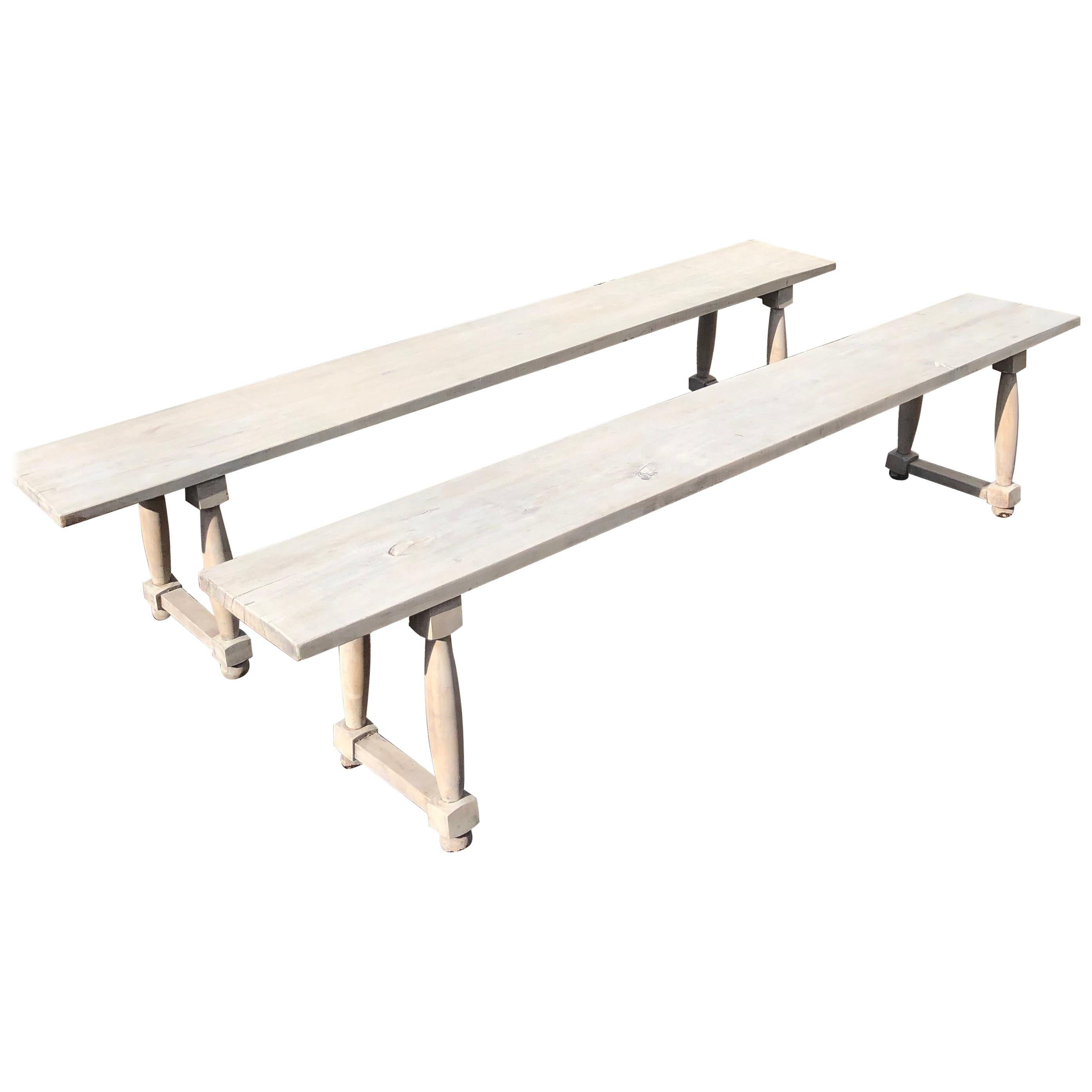 Long Pair of Pale Grey-Washed French Oak Benches For Sale