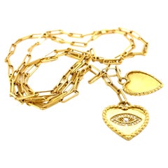 Long Paperclip Necklace Diamond Heart Charms 18k Yellow Gold